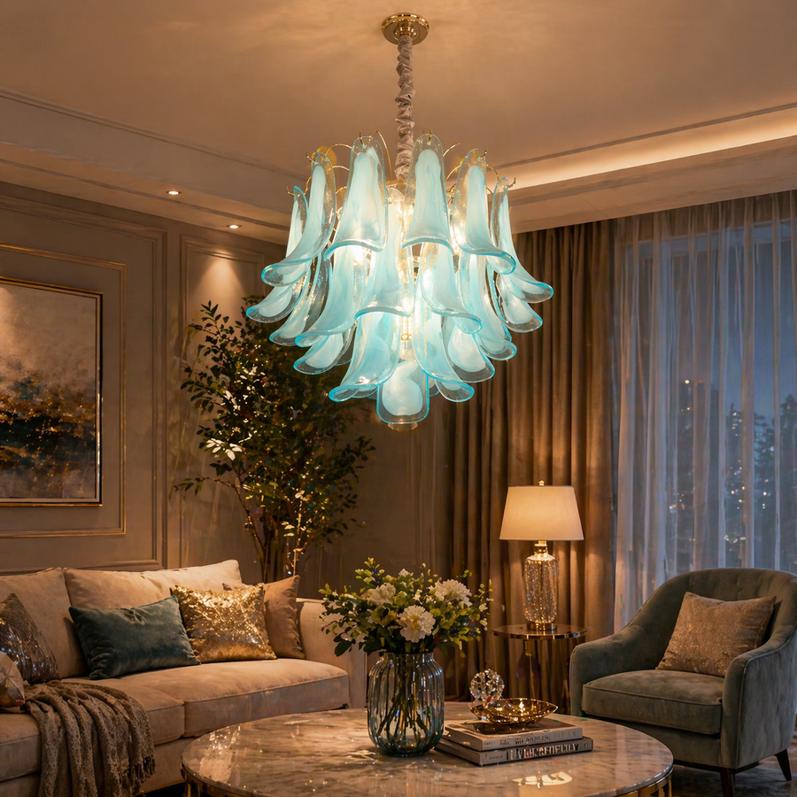 Candelabru Cristal MURANO Eleganza 4xE14, D50 cm, Albastru, Inaltime Reglabila, Metal si Cristal
