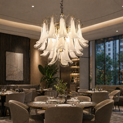 Candelabru Cristal MURANO Eleganza 4xE14, D50 cm, Alb, Inaltime Reglabila, Metal si Cristal