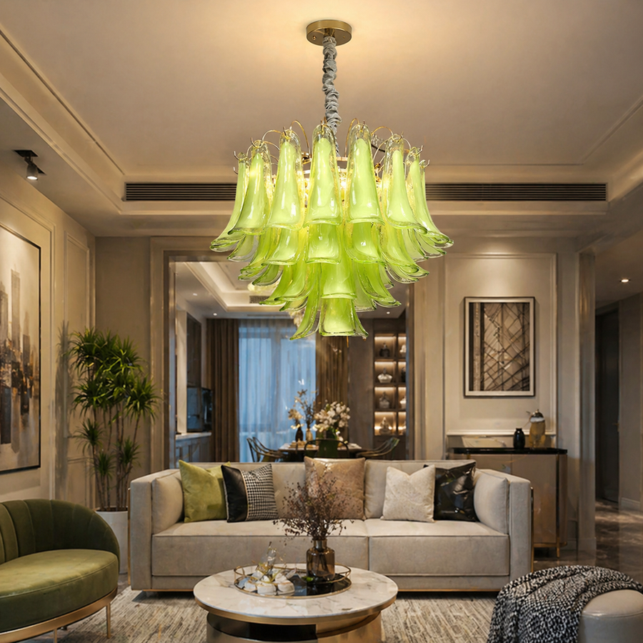 Candelabru Cristal MURANO Eleganza 4xE14, D50 cm, Verde, Inaltime Reglabila, Metal si Cristal
