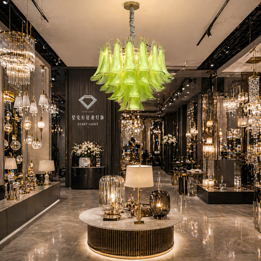 Candelabru Cristal MURANO Eleganza 4xE14, D50 cm, Verde, Inaltime Reglabila, Metal si Cristal