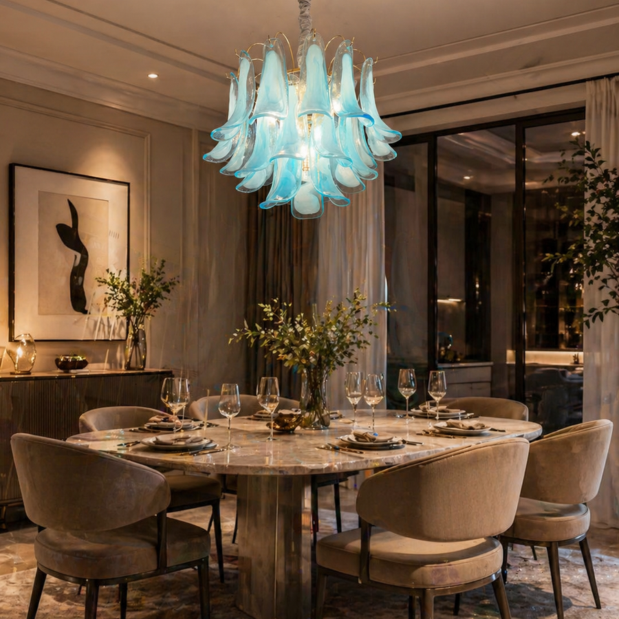 Candelabru Cristal MURANO Eleganza 4xE14, D50 cm, Albastru, Inaltime Reglabila, Metal si Cristal