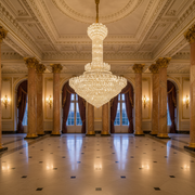 Candelabru Cristal PALAIS Grande 65xE14, Diametru 150cm, Inaltime 240cm, Auriu Lucios, Inaltime Reglabila, Design Elegant