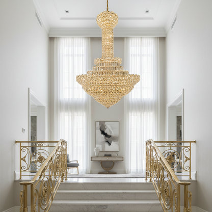 Candelabru Cristal PALAIS Grande 65xE14, Diametru 150cm, Inaltime 240cm, Auriu Lucios, Inaltime Reglabila, Design Elegant