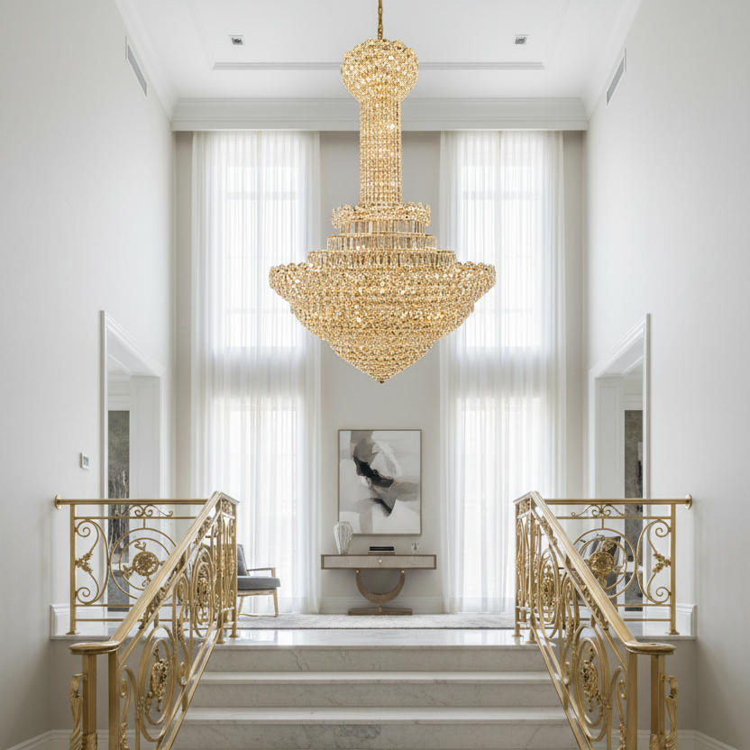 Candelabru Cristal PALAIS Grande 65xE14, Diametru 150cm, Inaltime 240cm, Auriu Lucios, Inaltime Reglabila, Design Elegant