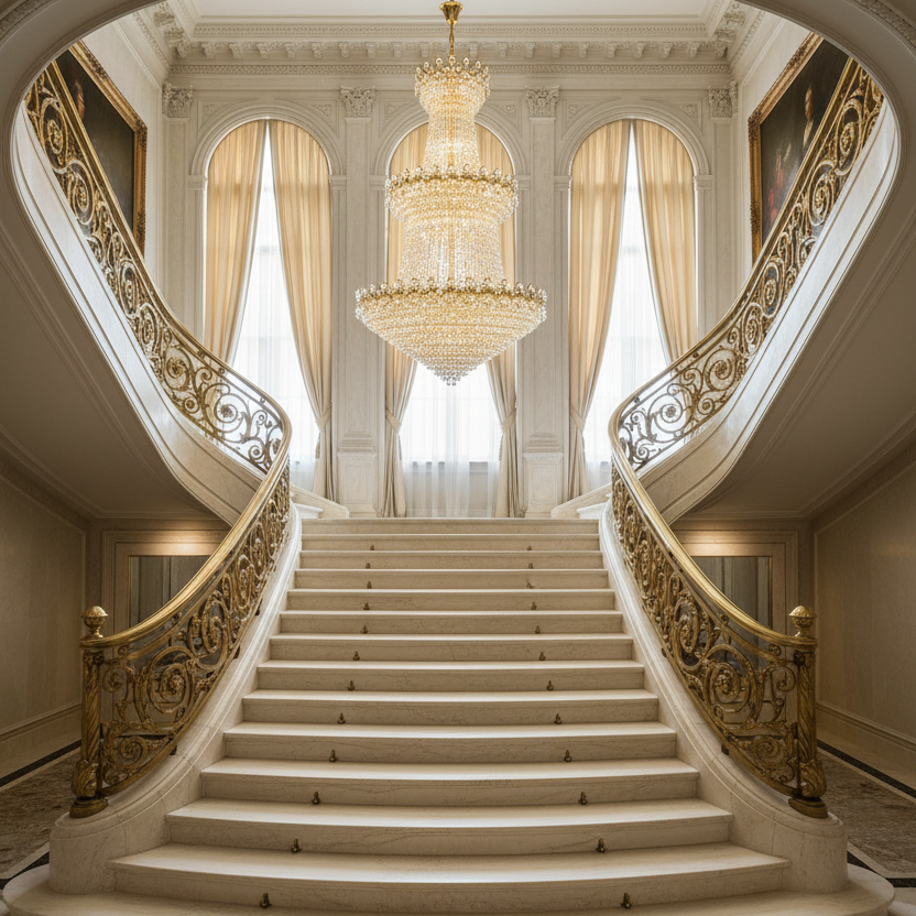 Candelabru Cristal TORRE 59xE14, Diametru 120cm, Inaltime 200cm, Auriu Lucios, Inaltime Reglabila, Design Elegant