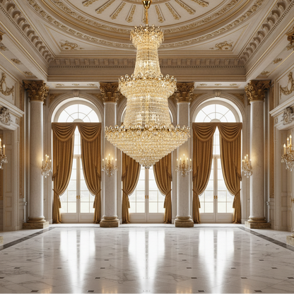 Candelabru Cristal TORRE 59xE14, Diametru 120cm, Inaltime 200cm, Auriu Lucios, Inaltime Reglabila, Design Elegant