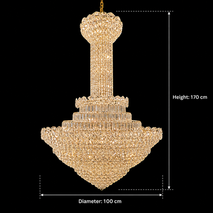 Candelabru Cristal PALAIS Supremo 34xE14, Diametru 100cm, Inaltime 170cm, Auriu Lucios, Inaltime Reglabila, Design Elegant