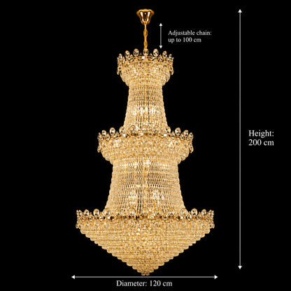 Candelabru Cristal TORRE 59xE14, Diametru 120cm, Inaltime 200cm, Auriu Lucios, Inaltime Reglabila, Design Elegant
