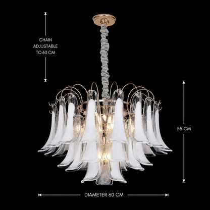 Candelabru Cristal MURANO Magno 7xE14, D60 cm, Alb, Inaltime Reglabila, Metal si Cristal