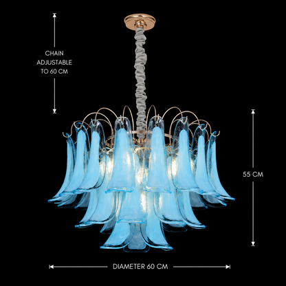 Candelabru Cristal MURANO Magno 7xE14, D60 cm, Albastru, Inaltime Reglabila, Metal si Cristal
