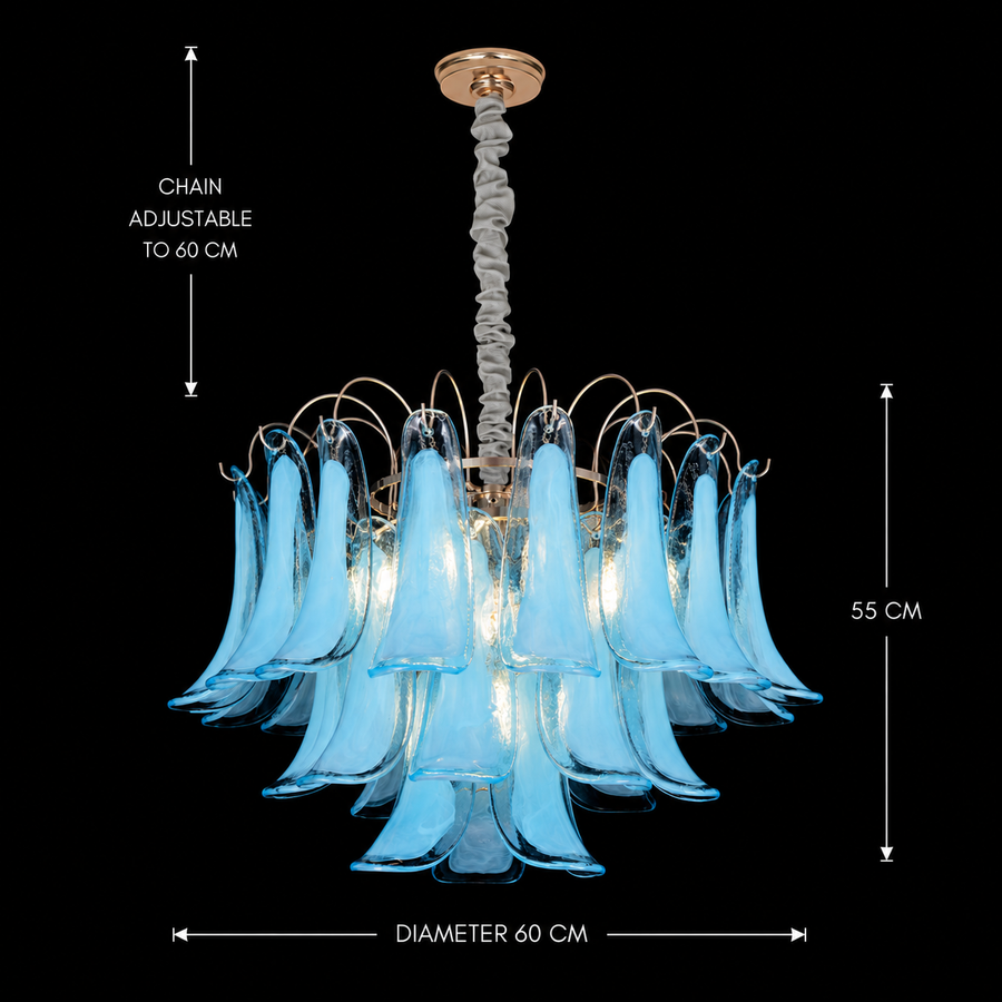 Candelabru Cristal MURANO Magno 7xE14, D60 cm, Albastru, Inaltime Reglabila, Metal si Cristal