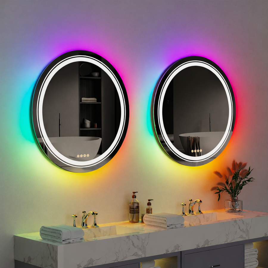 Oglinda LED Rotunda, 70cm, Celeste MotionGlow Marcello, Lumina RGB, Boxa Bluetooth, Sistem Dezaburire, Ceas & Termometru, Dimabila 70X70BTRGB