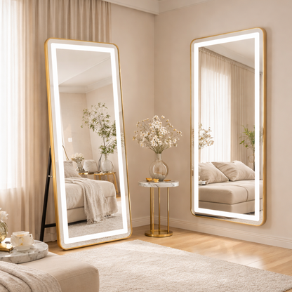 Oglinda LED Rectangulara, Rama Aurie, 50x160cm, Dimabila, Lumina Rece/Calda/Neutra, Dressing Couture