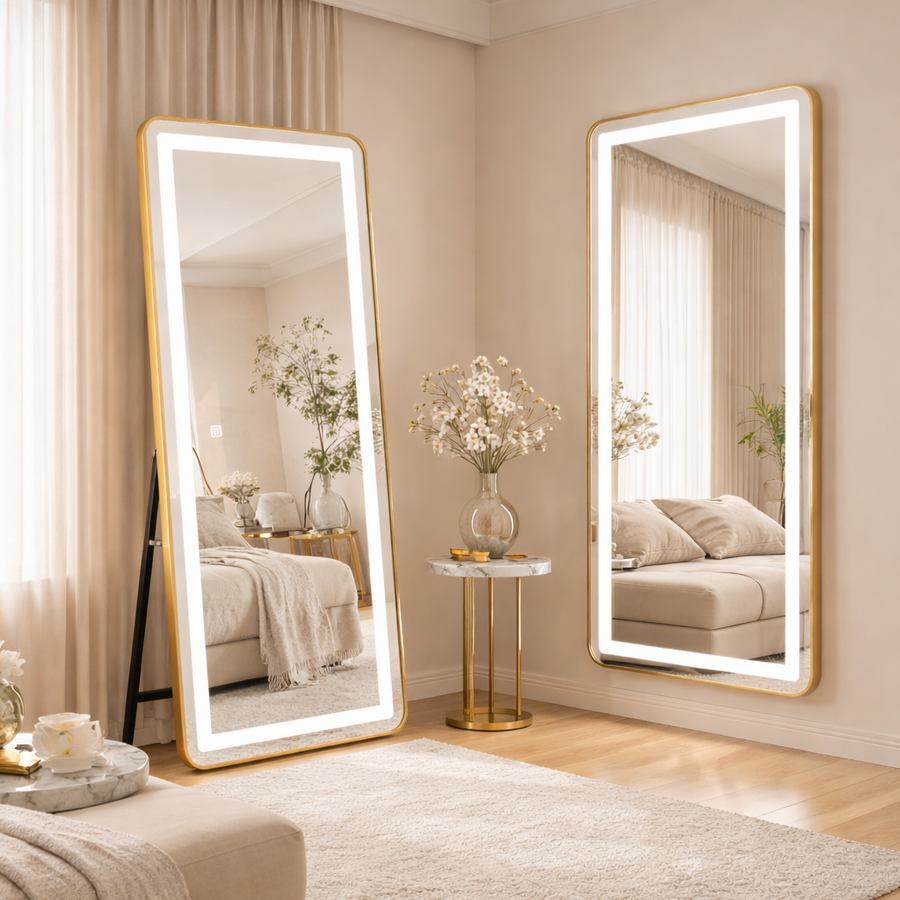 Oglinda LED Rectangulara, Rama Aurie, 50x160cm, Dimabila, Lumina Rece/Calda/Neutra, Dressing Couture