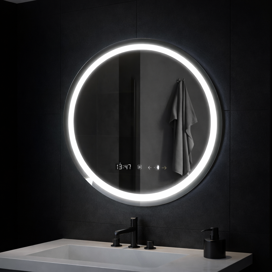 Oglinda LED Rotunda, 70cm, Celeste MotionGlow Marcello, Sistem Dezaburire, Ceas & Termometru, Dimabila, Lumina Calda Neutra Rece 3000K/4000K/6000K