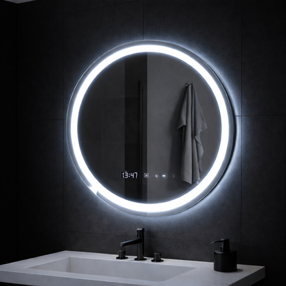 Oglinda LED Rotunda, 70cm, Celeste MotionGlow Marcello, Sistem Dezaburire, Ceas & Termometru, Dimabila, Lumina Calda Neutra Rece 3000K/4000K/6000K