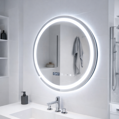 Oglinda LED Rotunda, 70cm, Celeste MotionGlow Marcello, Sistem Dezaburire, Ceas & Termometru, Dimabila, Lumina Calda Neutra Rece 3000K/4000K/6000K
