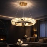 Lustra LED cu Telecomanda, LLC135/1GD, Cristal si Metal, 29W, 1 Cerc, Dimabila, Inaltime Reglabila, Lumina Rece/Calda/Neutra, Iluminat Luxos