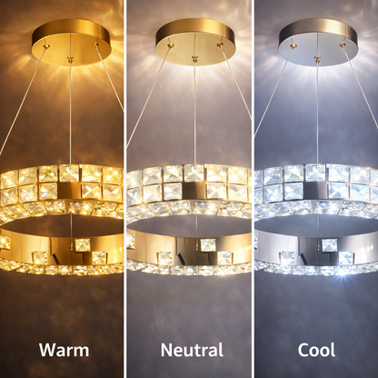 Lustra LED cu Telecomanda, LLC135/1GD, Cristal si Metal, 29W, 1 Cerc, Dimabila, Inaltime Reglabila, Lumina Rece/Calda/Neutra, Iluminat Luxos