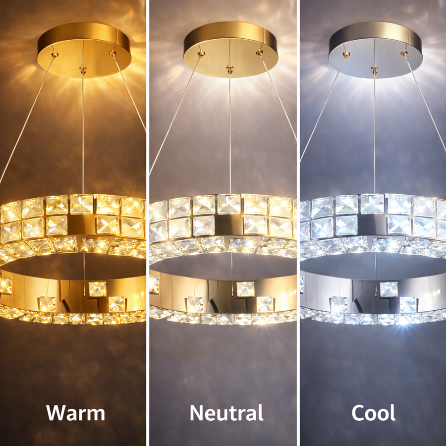 Lustra LED cu Telecomanda, LLC135/1GD, Cristal si Metal, 29W, 1 Cerc, Dimabila, Inaltime Reglabila, Lumina Rece/Calda/Neutra, Iluminat Luxos