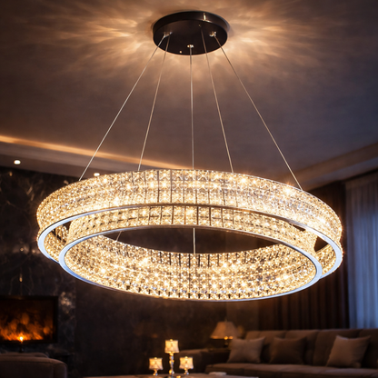Lustra LED cu Telecomanda, LLC160/500CH, Cristal si Metal, 55W, 1 Cerc, Dimabila, Inaltime Reglabila, Lumina Rece/Calda/Neutra, Iluminat Luxos