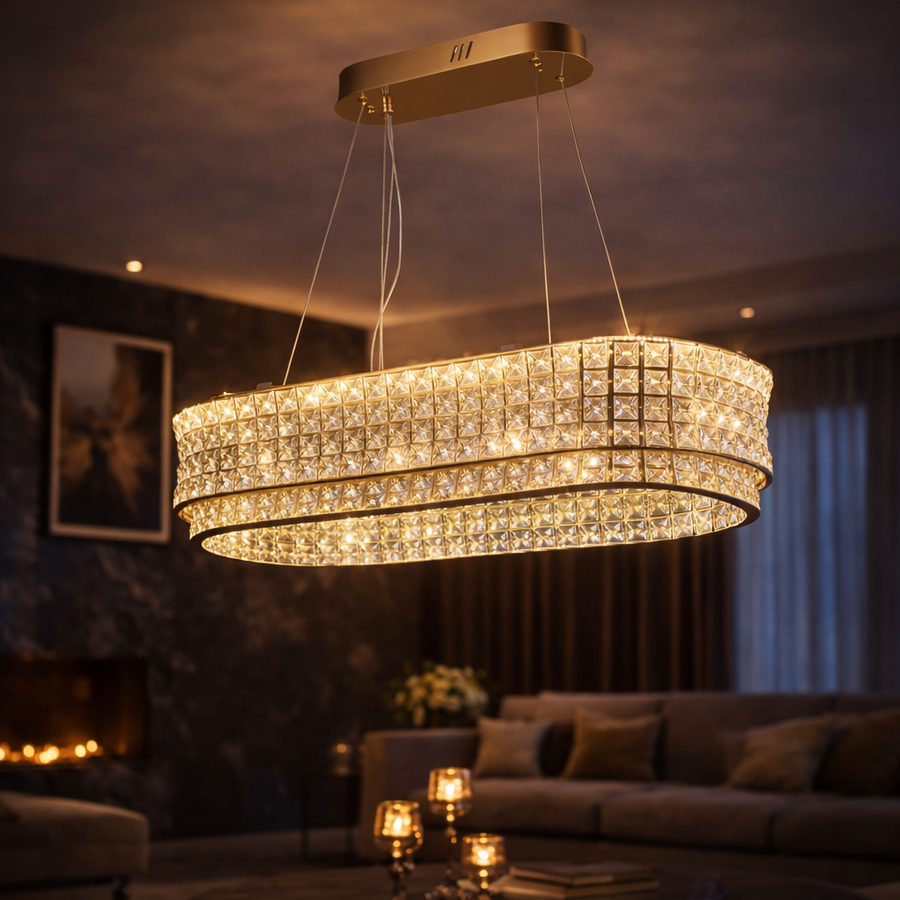Lustra LED cu Telecomanda, LLC160/750X350GD, Cristal si Metal, 71W, Dimabila, Inaltime Reglabila, Lumina Rece/Calda/Neutra, Iluminat Luxos