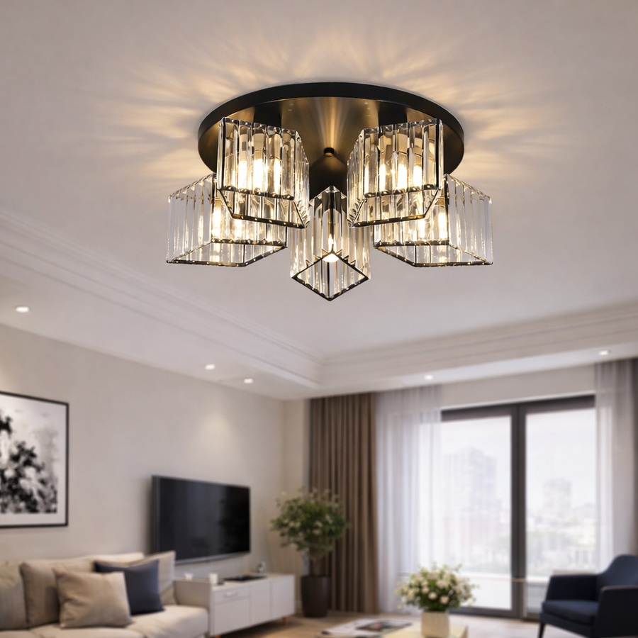 Lustra Clasica Moderna Sasha, LC117/5BK, 5x E27, Metal si Cristal, Negru, Abajur