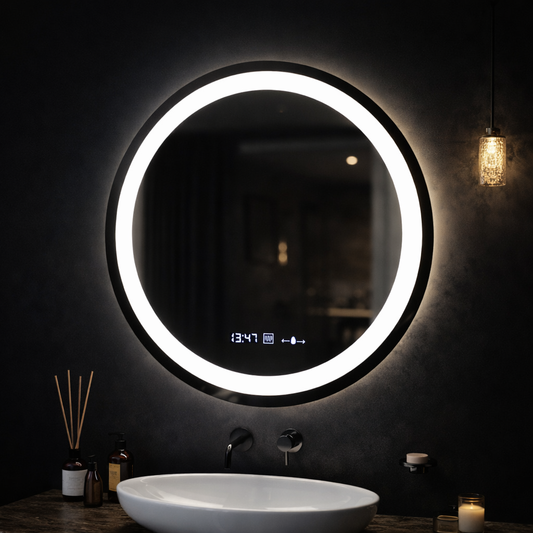 Oglinda LED Rotunda, 60cm, Celeste MotionGlow Marcello, Sistem Dezaburire, Ceas & Termometru, Dimabila, Lumina Calda Neutra Rece 3000K/4000K/6000K