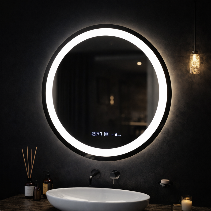 Oglinda LED Rotunda, 60cm, Celeste MotionGlow Marcello, Sistem Dezaburire, Ceas & Termometru, Dimabila, Lumina Calda Neutra Rece 3000K/4000K/6000K