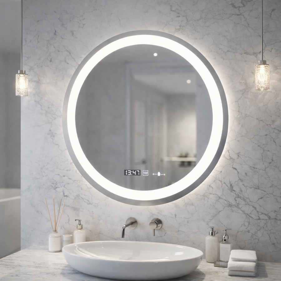 Oglinda LED Rotunda, 60cm, Celeste MotionGlow Marcello, Sistem Dezaburire, Ceas & Termometru, Dimabila, Lumina Calda Neutra Rece 3000K/4000K/6000K