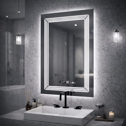 Oglinda LED Rectangulara, 60x80cm, Venezia Senzor MotionGlow Marcello, Sistem Dezaburire, Ceas & Termometru, Dimabila, Lumina Calda Neutra Rece 3000K/4000K/6000K