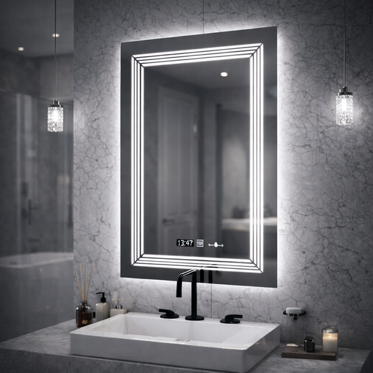 Oglinda LED Rectangulara, 60x80cm, Venezia Senzor MotionGlow Marcello, Sistem Dezaburire, Ceas & Termometru, Dimabila, Lumina Calda Neutra Rece 3000K/4000K/6000K