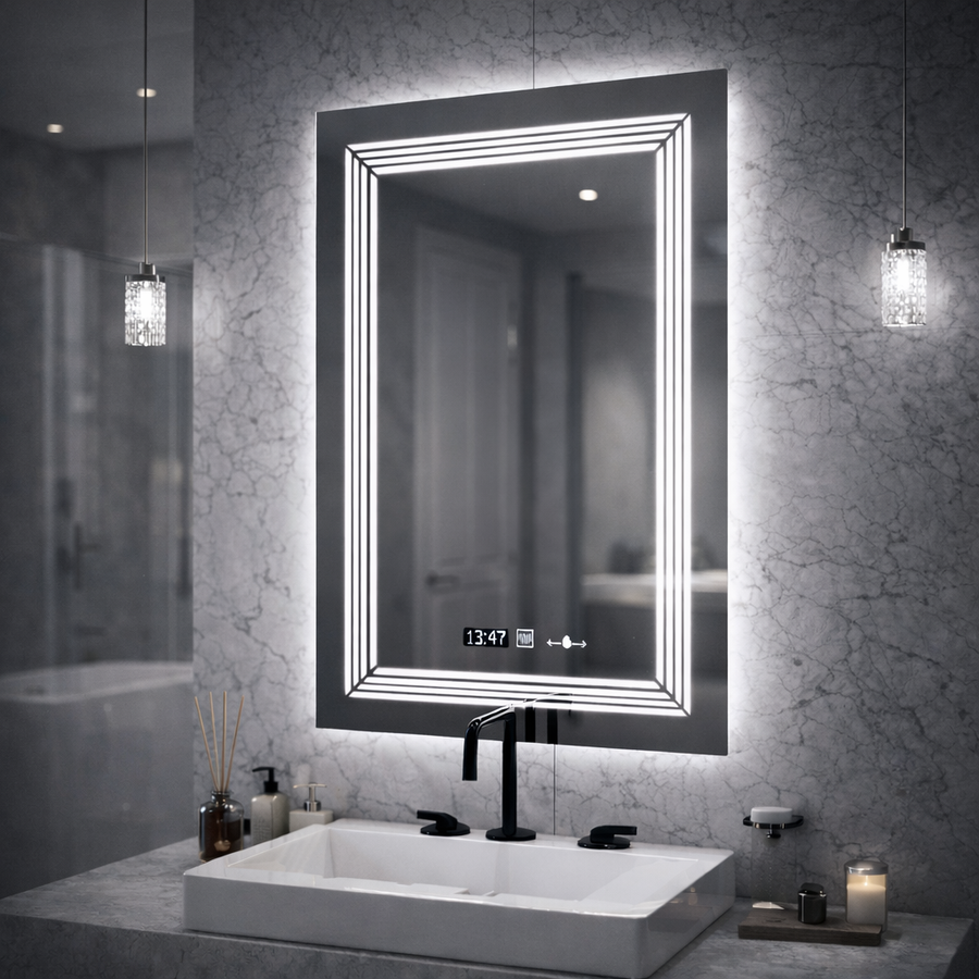Oglinda LED Rectangulara, 60x80cm, Venezia Senzor MotionGlow Marcello, Sistem Dezaburire, Ceas & Termometru, Dimabila, Lumina Calda Neutra Rece 3000K/4000K/6000K