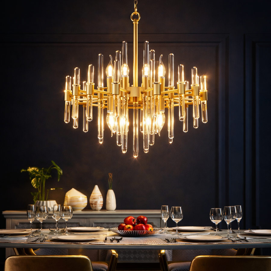 Candelabru Cristal CC850/480GD ,6xE14, 48X45cm, Inaltime Reglabila, Auriu Lucios, Inaltime Reglabila, Design Elegant, Metal si Cristal