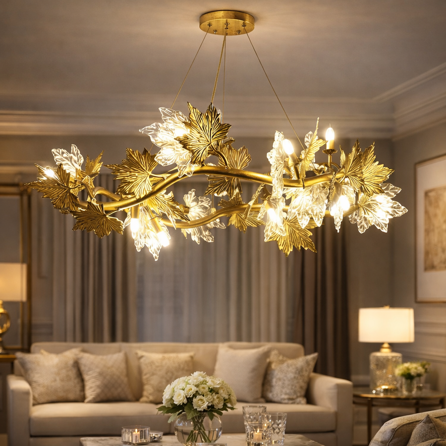 Candelabru Modern, CM260/800GD, 8xE14, Diametru 80cm, Auriu, Inaltime Reglabila, Metal si Cristale