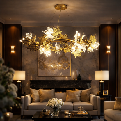 Candelabru Modern, CM260/500GD, 6xE14, Diametru 50cm, Auriu, Inaltime Reglabila, Metal si Cristal