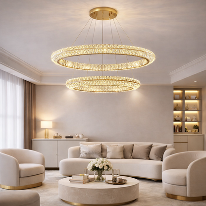 Lustra LED cu Telecomanda, LLC132/300+500GD, Cristal si Metal, 48W, 2 Cerc, Dimabila, Inaltime Reglabila, Lumina Rece/Calda/Neutra 3000K/4000K/6000K, Iluminat Luxos,