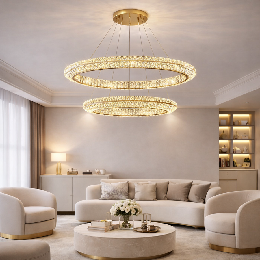 Lustra LED cu Telecomanda, LLC132/300+500GD, Cristal si Metal, 48W, 2 Cerc, Dimabila, Inaltime Reglabila, Lumina Rece/Calda/Neutra 3000K/4000K/6000K, Iluminat Luxos,