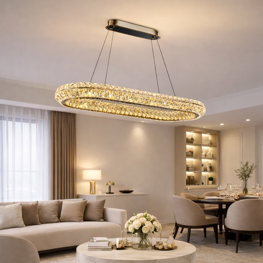 Lustra LED cu Telecomanda, LLC132/900X300GD, Cristal si Metal, 39W, 1 Cerc, Dimabila, Inaltime Reglabila, Lumina Rece/Calda/Neutra, Iluminat Luxos