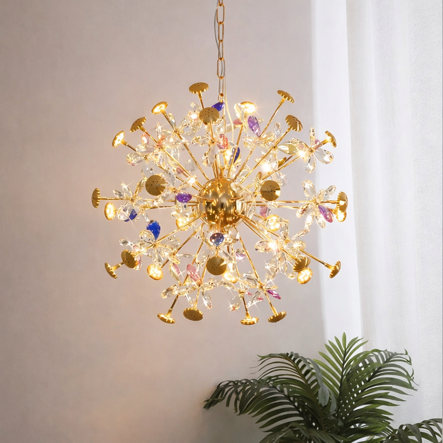 Candelabru Modern cu Cristal, FloraLux, 32xG4, Auriu si Cristale , 54.5cm, Inaltime Reglabila, Metal si Cristal