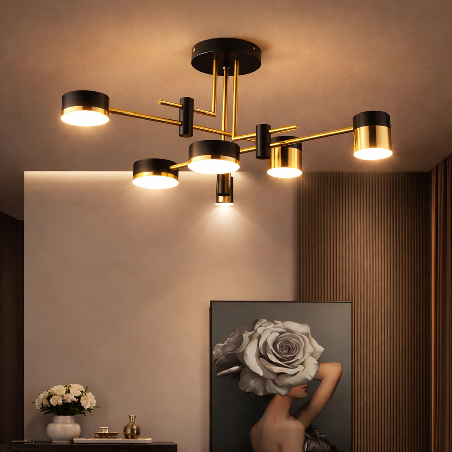 Lustra LED Moderna Ionitus 72W Negru si Auriu, Brate, Lumina Calda/Neutra/Rece 3000K/4000K/6000K, Metal si Acril