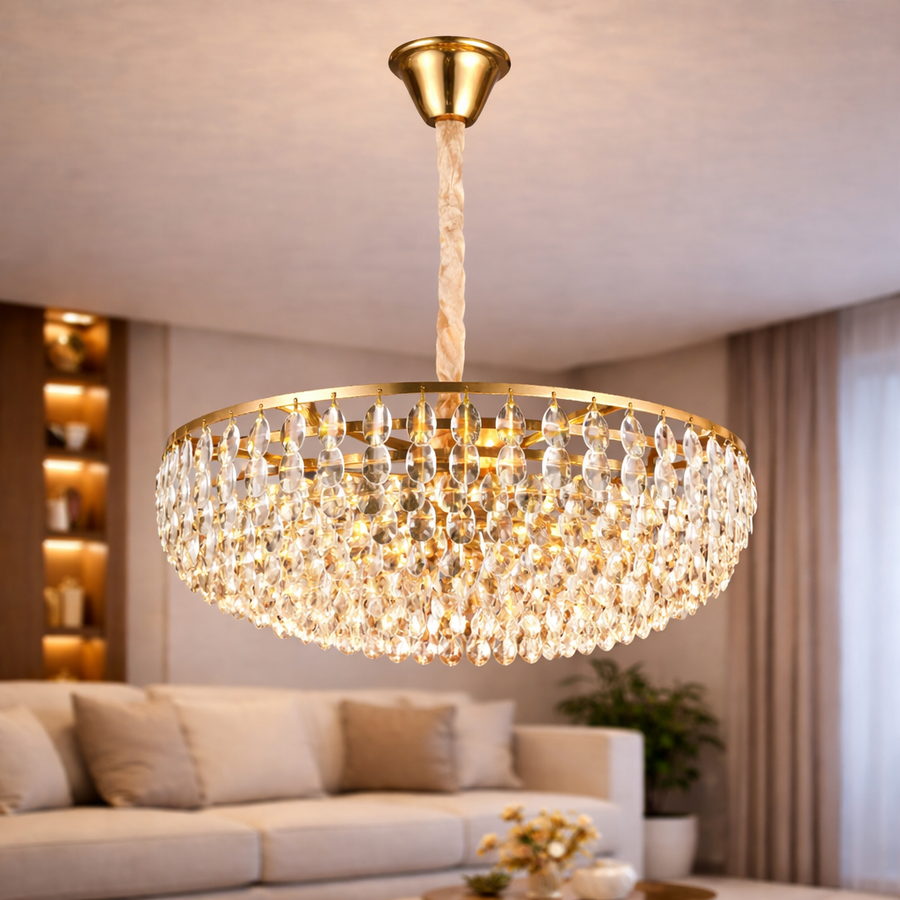 Candelabru Cristal CC1677/600GD, 12xE14, Auriu Lucios, Inaltime Reglabila, Metal si Cristal