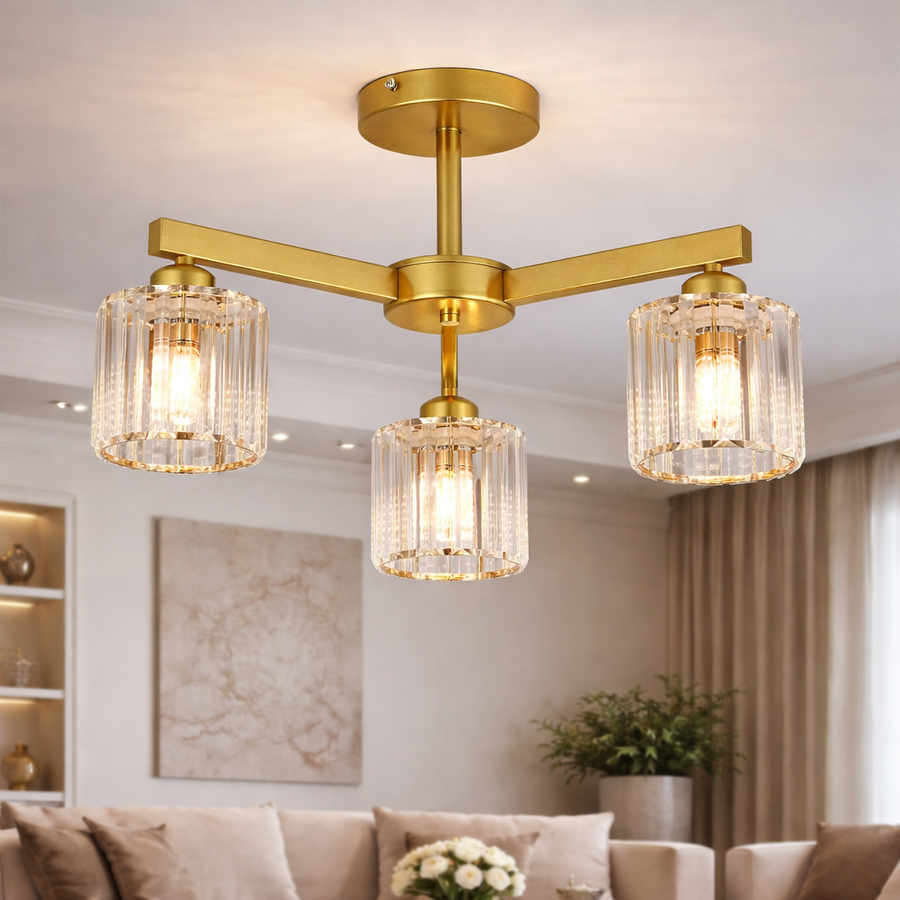 Lustra Clasica Moderna LC110/3GD cu Cristal,  3x E27, Auriu, Metal si Cristal