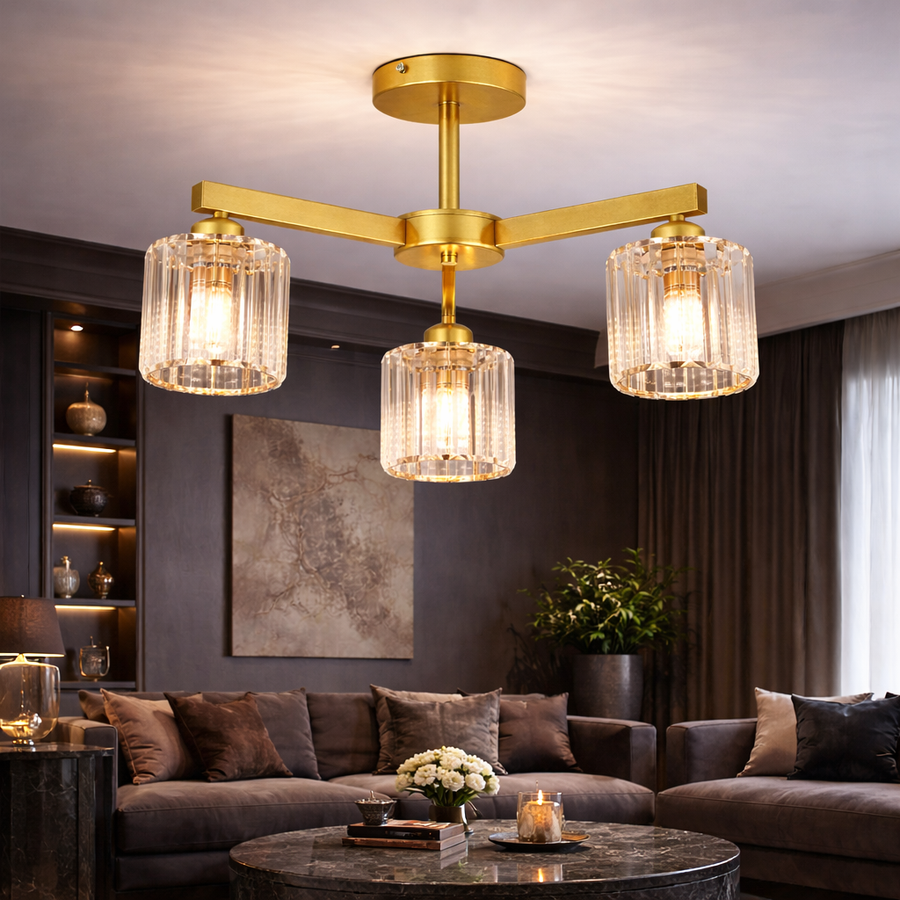 Lustra Clasica Moderna LC110/3GD cu Cristal,  3x E27, Auriu, Metal si Cristal
