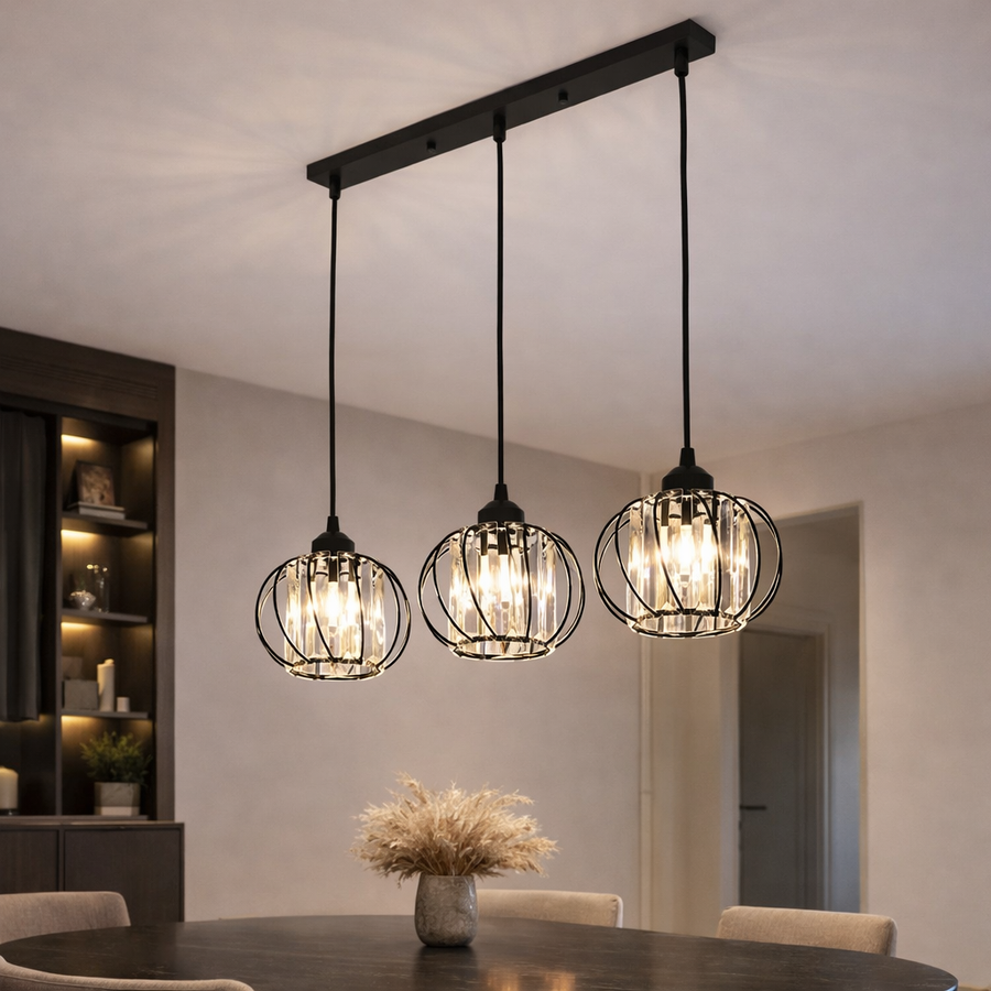 Lustra Clasica Moderna, Suspendata, Monica LC910/3LBK, 3 X E27, Negru, Metal si Sticla, Inaltime Reglabila