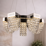 Candelabru Cristal LED 15W, STRATUS Magno , Diametru 50cm, Crom Lucios, Lumina Calda Neutra Rece 3000K/4000K/6000K Inaltime Reglabila, Metal si Cristal