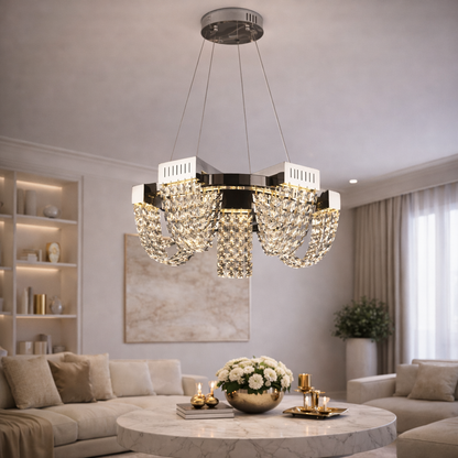 Candelabru Cristal LED 15W, STRATUS Magno , Diametru 50cm, Crom Lucios, Lumina Calda Neutra Rece 3000K/4000K/6000K Inaltime Reglabila, Metal si Cristal