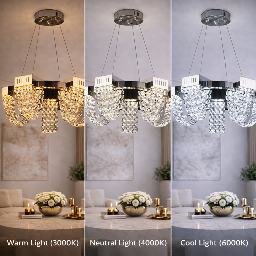 Candelabru Cristal LED 15W, STRATUS Magno , Diametru 50cm, Crom Lucios, Lumina Calda Neutra Rece 3000K/4000K/6000K Inaltime Reglabila, Metal si Cristal