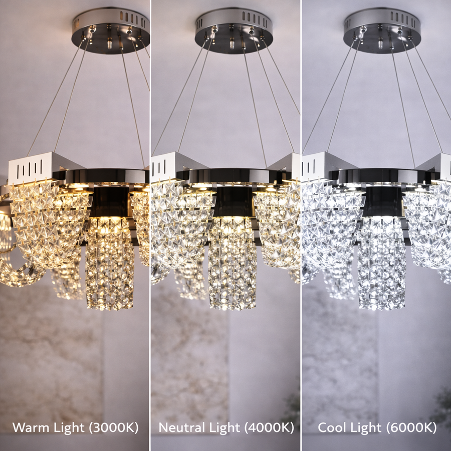 Candelabru Cristal LED 24W, STRATUS Regalis, Diametru 80cm, Crom Lucios, Inaltime Reglabila, Lumina Calda Neutra Rece 3000K/4000K/6000K, Metal si Cristal