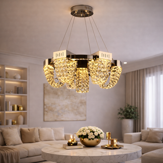 Candelabru Cristal LED 40W, CC370/800CH, Diametru 80cm, Crom Lucios, Inaltime Reglabila, Lumina Calda Neutra Rece 3000K/4000K/6000K, Metal si Cristal